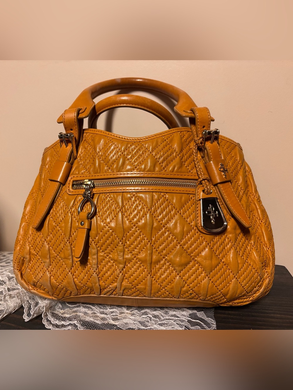 Cole Haan Quilted Leather Satchel in Cognac Tan